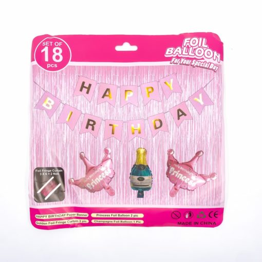 Happy Birthday Banner Set 18 Piece Kit Banner, Foil Balloon, Curtains Pink